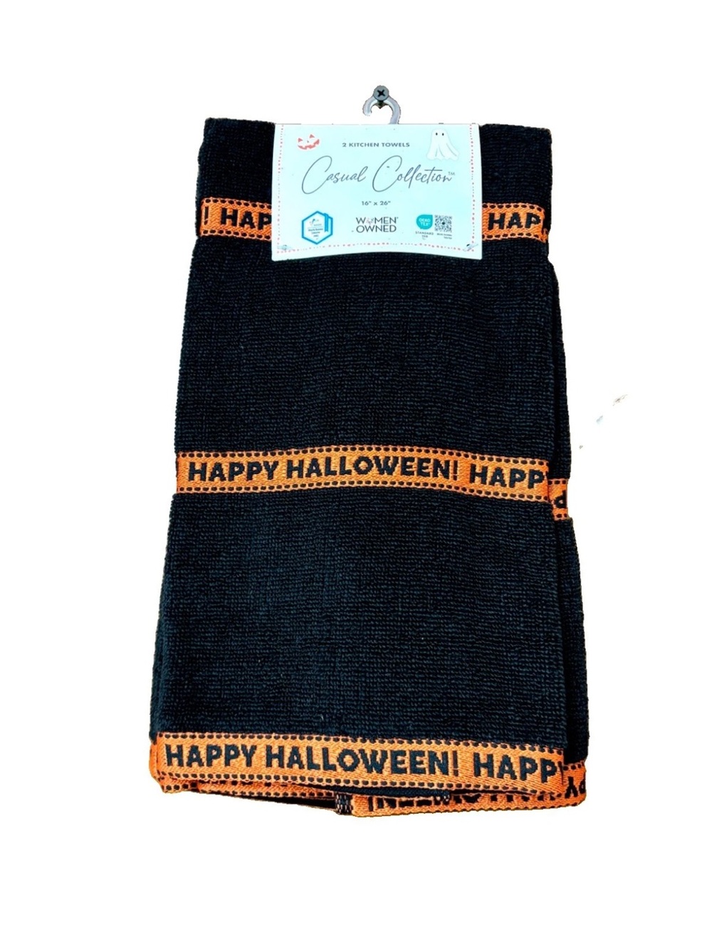 HAPPY HALLOWEEN KITCHEN TOWELS SET OF 2 PLUSH BLACK ORANGE ELEGANT ABSORBENT HTF